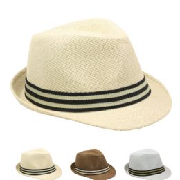 24 Wholesale Adult Straw Fedora Hat With Striped Band