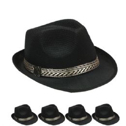 48 Wholesale Plain Black Color Gangster Trilby Fedora Straw Hat