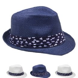 48 Wholesale Adult Trilby Fedora Straw Hat Set With Ribbon Band