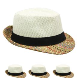 24 Pieces White Fedora Hat With Colored Brim - Fedoras, Driver Caps & Visor