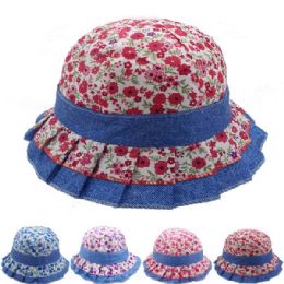 24 Bulk Kids Denim Summer Hat With Printed Flower Design