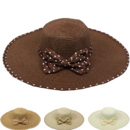 24 Wholesale Women Wide Brim Bowtie Ribbon Summer Hat