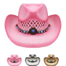 24 Wholesale Western Style Straw Cowboy Hat Assorted Colors