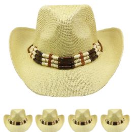 12 Pieces High Quality Paper Straw Beaded Band Beige Cowboy - Cowboy & Boonie Hat