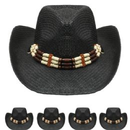 24 Wholesale High Quality Paper Straw Beaded Band Black Cowboy Hat