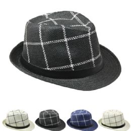 24 Wholesale Assorted Colors Checkered Straw Fedora Hats