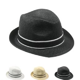 24 Wholesale Assorted Solid Color Fedora Hat With Black And White Band