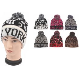 72 Pieces Unisex Fashion Cheetah Print New York Heavy Knit Hats - Fashion Winter Hats