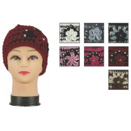 72 Pieces Womens Heavy Knit Hats Assorted Colors With Flower And Rhinestones - Winter Beanie Hats