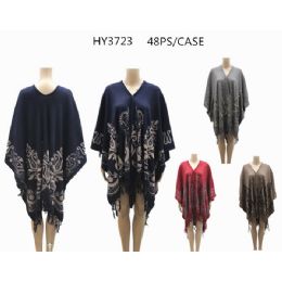 24 Wholesale Woman's Printed Ponchos Assorted Colors