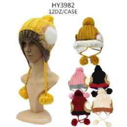 36 Wholesale Ladies Pom Pom Winter Hat With Fur Lining Assorted Colors