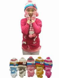 24 Wholesale Girls Winter Warm 3 Piece Hat Set Striped Bunny Pattern