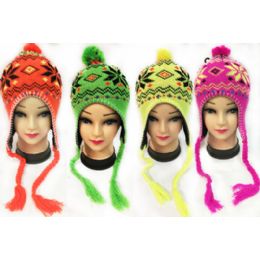 36 Pieces Neon Knit Winter Hats Pompom Hats With Ear Flaps - Winter Helmet Hats