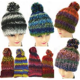 36 Pieces Multicolor Knitted Hat With Pompom - Winter Beanie Hats