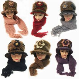 24 Wholesale Winter Knitted Scarf Hat Set With Large Flower Design