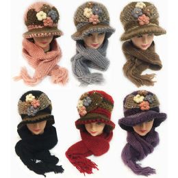 24 Wholesale Winter Knitted Scarf Hat Set With Four Flower Design