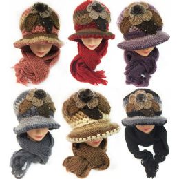 24 Wholesale Winter Knitted Scarf Hat Set With Fur Ball Design