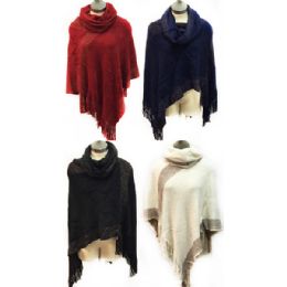 12 Wholesale Knit Poncho Shawl Golden Section Turtle Neck Assorted