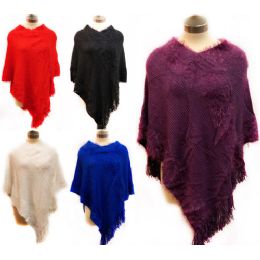 12 Wholesale Knit Poncho Shawl Furry Section And Fringes