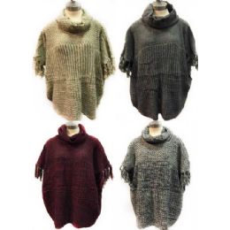 12 Wholesale Knitted Poncho Solid Color With Fringe Sleeves