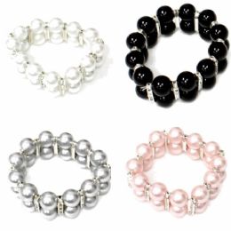 120 Wholesale Double Row Pearl Bracelet With Rhinestone Accenting In Assorted Colors