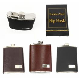 100 Wholesale Solid Color Flask In A Leatherette Wrap In An Assorted Case Of Tan, Brown And Black