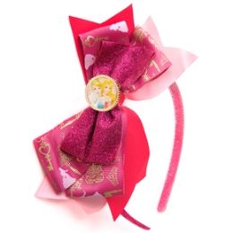 24 Wholesale Princess Multi Printed Ribbon Headband With Center Motif