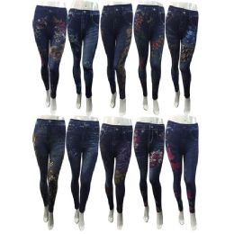 24 Pieces Wholesale Full Length Legging Denim Floral Pattern - Womens Leggings