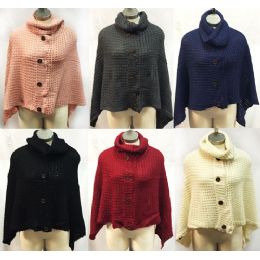 12 Wholesale Knitted Cowl Collar Ponchos With Buttons Assorted