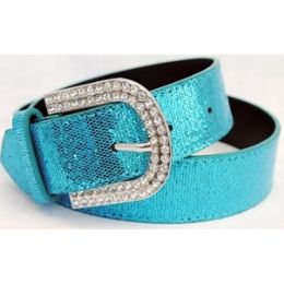 24 Pieces Rhinestone Buckle Light Blue Sparkle Belt - Womens Belts