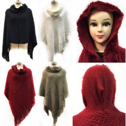 12 Wholesale Knit Poncho Shawl With Furry Hood Fringes Assorted Colors Poncho