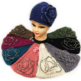 24 Wholesale Rhinestone Large Flower Knitted Headband Assorted