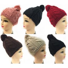 24 Wholesale Women Knit Winter Hat Solid Color Pompom Assorted Color
