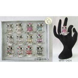 120 Wholesale Rhinestone Owl On A Branch Ring Assorted Colors