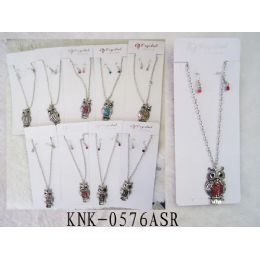 120 Units of Rhinestone Owl Necklace Earring Set Assorted Colors - Necklace Sets
