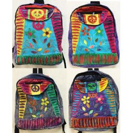 10 Pieces Peace Sign Flower Tie Dye Cotton Handmade Backpacks - Draw String & Sling Packs