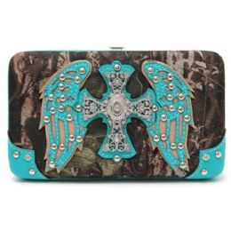 8 Pieces Rhinestone Camo Wallet With Angel Wings Turquoise - Wallets & Handbags