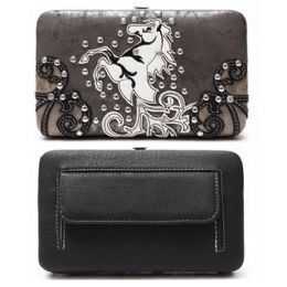 8 Pieces Rhinestone Studded Horse Design Wallet Black Color - Wallets & Handbags