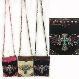 12 Wholesale Rhinestone Turq Colored Cross Angel Wings Sling Purse Assorted Colors
