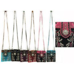 12 Wholesale Rhinestone Flower With Embroidered Flower Sling Purse Assorted Colors