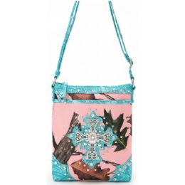 6 Wholesale Rhinestone Pink Camo Sling Purse With Cross Turquoise