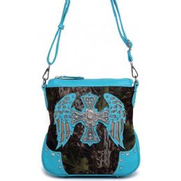 6 Wholesale Rhinestone Camo Sling Purse With Angel Wings Turquoise