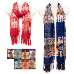 24 Pieces Silver Lined Scarves With Tie Dye Effects In Assorted Colors - Womens Fashion Scarves