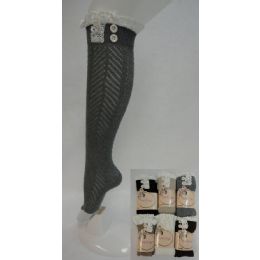 36 Pairs .kneE-High Boot Sock With Antique Lace And 2 Buttons - Womens Knee Highs