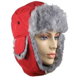 36 Units of Red Winter Pilot Hat With Faux Fur Lining And Strap - Trapper Hats
