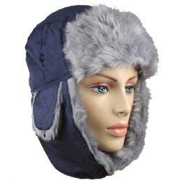 36 Wholesale Blue Winter Pilot Hat With Faux Fur Lining And Strap
