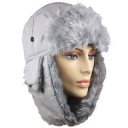 36 Units of Grey Winter Pilot Hat With Faux Fur Lining And Strap - Trapper Hats