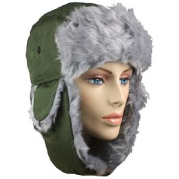 36 Units of Green Winter Pilot Hat With Faux Fur Lining And Strap - Trapper Hats