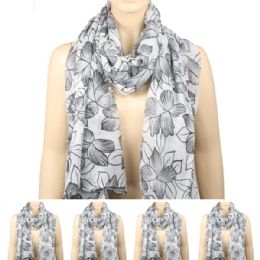 36 Wholesale Womens Fashion Scarf In White With Black Flowers