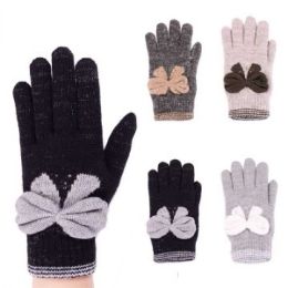 24 Pairs Women Fashion Winter Glove With Bow Assorted Colors - Knitted Stretch Gloves